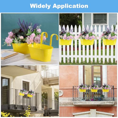 uxcell Rail Planter for Outdoor Plants, 4 Pcs 11" Iron Wall Hanging Planters Fence Railing Balcony Planters with Drainage Holes and Detachable Hooks, White - color: White