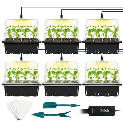 6-Set Seed Starter Tray with Grow Light, Seed Starting Trays Kits with Timing Controller Adjustable Humidity Domes Heightened Lids(12-Cells Per Tray) - color: Black 6-set