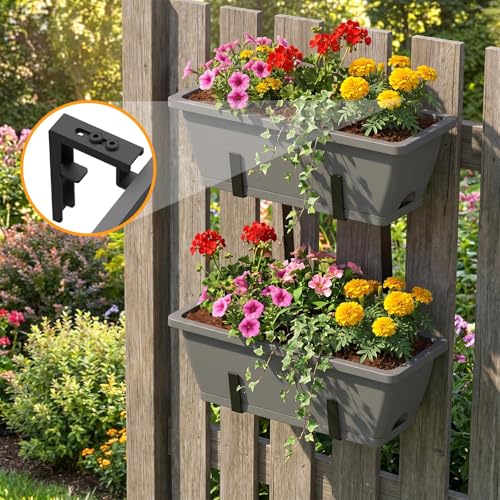 CADUKE 4 Pack Railing Planters, 16.9" Hanging Window Planters, Fence Flower Pots with Drainage Holes and Trays, Gray - color: Gray