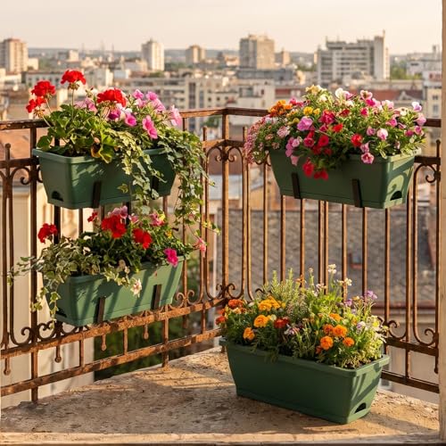 CADUKE 2-Tier Deck Railing Planter Boxes, 16.9 Inch Hanging Fence Flower Boxes with Detachable Hooks & Drain Holes for Porch & Garden, Green - color: Green