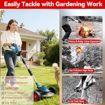 20000 RPM Electric Weed Wacker with Wheel,12″ Brushless Cordless Weed Eater Battery Powered, String Trimmer/Brush Cutter/Grass Trimmer/Lawn Mower, Edger Weed Trimmer for Garden Yard Tool