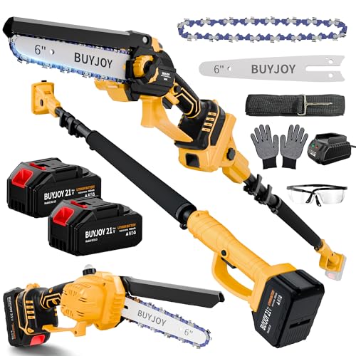 2-in-1 Electric Pole Saws for Tree Trimming, 6 Inch Mini Chainsaw Cordless with Extension Pole, 2 x 4000mAh Batteries,Battery Powered Pole Chain Saw, Tree Trimmer Limb Branch Cutter Pruner - color: Yellow