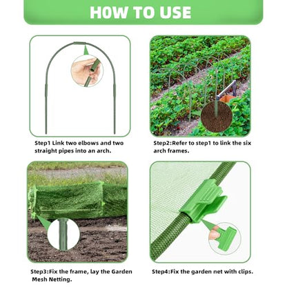 U0U Garden Mesh Netting Kit,7.8 x 24 Ft Plant Netting with Hoops,Bird Net for Garden with 6 Sets Garden Hoops & 18 Clips,Garden Net Bed Cover for Plants Birds Animals Protection - color: Green