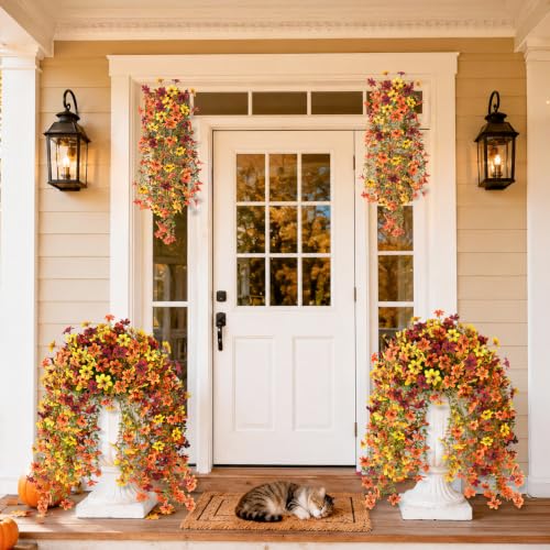 Artificial Fall Flowers Fake Mums UV Hanging Plants for Outdoors Decor - color: Orang,sunset Red