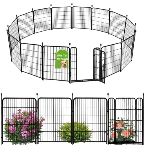 ADAVIN Tall Garden Fence 54 in(H)×22.1 Ft(L),10 Panels Dog Fence Outdoor for Yard, Heavy Duty Iron Metal Fence with Gate Low Threshold, No Dig Fences Panels, Animal Barrier Fences, Black - size: 10panels-54in(H)x22.1ft(L)
