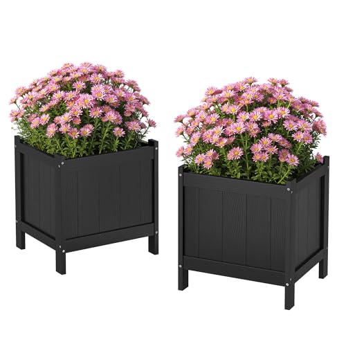 LUE BONA Outdoor Plant Pots Set of 2, 13.8" x 12.6" x 14.6" HDPS Flower Pots with Drainage Holes, Outdoor Planter Box for Outdoor Plants - Porch Patio, Garden or Entryway, Black - color: Black