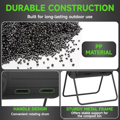 PatioZen Dual Chamber Tumbling Composter 45 Gallon Large Outdoor Tumbling Composter Efficient Batch Composting Easy Turn Design