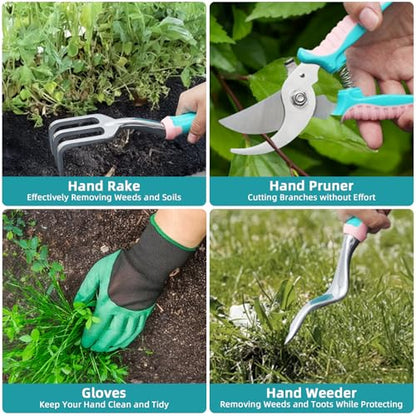 MelonArt Garden Tool Set,8 Pcs Gardening Hand Tool Starter Kit for Women Heavy Duty Outdoor Tool Kit Aluminum Alloy with Non Slip Ergonomic Handle, Ideal Gifts for Women and Men, Green&Pink