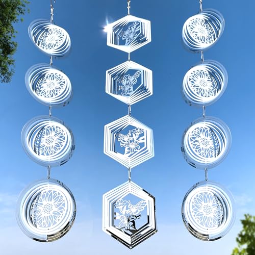 12Pcs Bird Scare Discs Set Reflective 3D Stainless Steel Wind Spinner Outdoor Garden Hanging Decor, Bird Devices Deterrent Reflectors to Scare Birds Away from Yard Patio (Sunflower and Bee) - color: Sunflower Bee