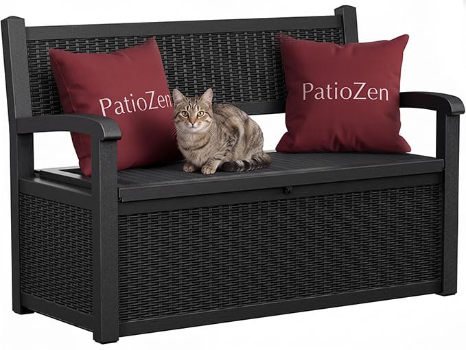 PatioZen 80 Gallon Storage Bench Deck Box, Black - color: Black, size: 80 Gallon