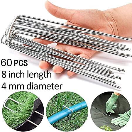 4 Inch Galvanized Landscape Staples 60 Pack 11 GaugeGarden Stakes Heavy-Duty Sod Pins Anti-Rust Fence Stakesfor Weed Barrier Fabric Ground Cover Dripper Irrigation Tubing Soaker Hose
