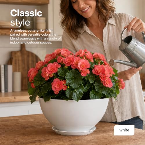 Rosie Planter Bowl, with Drainage and Saucer, 10” Stark White - color: Stark White