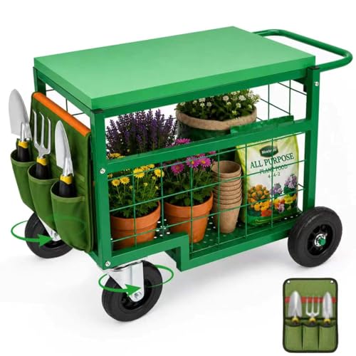 Swivel Wheel Garden Work Seat Upgraded Heavy-Duty Gardening Cart with Portable Gardening Tool Kit Swivel-Wheel Garden Stool Designed for Seniors Ideal for Lawn, Patio, and Outdoor Gardening Scooter