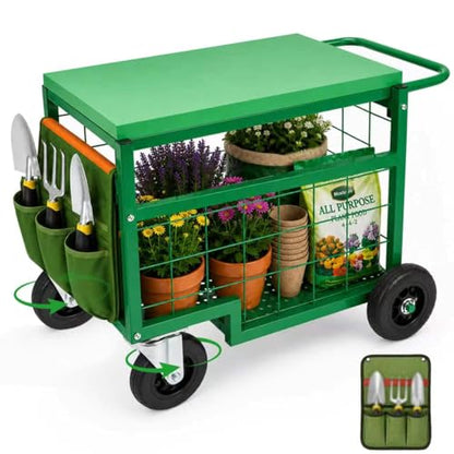 Swivel Wheel Garden Work Seat Upgraded Heavy-Duty Gardening Cart with Portable Gardening Tool Kit Swivel-Wheel Garden Stool Designed for Seniors Ideal for Lawn, Patio, and Outdoor Gardening Scooter
