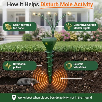 4 Pack Mole Repellent Solar Powered with Swaying Lights, Vibrating Solar Mole Repellent Stakes for Voles, Groundhogs, Snakes & Gophers, IP65 Waterproof Mole Deterrent for Yard, Farm, Lawn & Garden