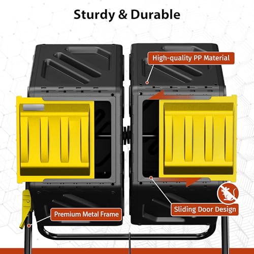 Compost Bin, 37-Gal Dual Chamber Composter Tumbler, Black Yellow