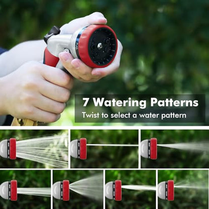 RESTMO Garden Hose Nozzle, Heavy Duty Metal Water Hose Nozzle with 7 Adjustable Spray Patterns, High Pressure Hand Sprayer with Flow Control, Best for Watering Plants & Lawns, Washing Cars & Pets, Red - color: Red