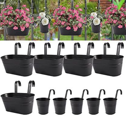 HowRU Metal Iron Flower Pots for Railing Fence Hanging Bucket Pots(5 Pcs) and Hanging Flower Pots Metal Iron Bucket Planter(10 Pcs) (Black) - color: Black