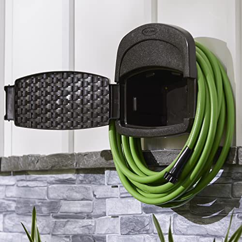 Suncast 2 Pack Hangout 150 Foot Resin Wicker Mounted Garden Storage Hose Rack, Brown