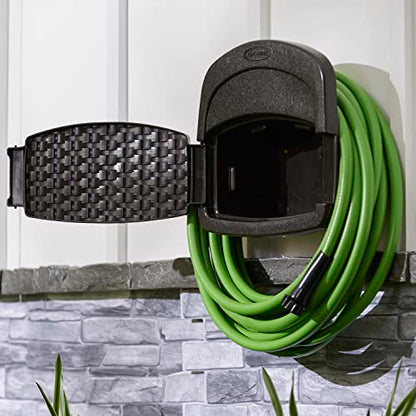 Suncast 2 Pack Hangout 150 Foot Resin Wicker Mounted Garden Storage Hose Rack, Brown
