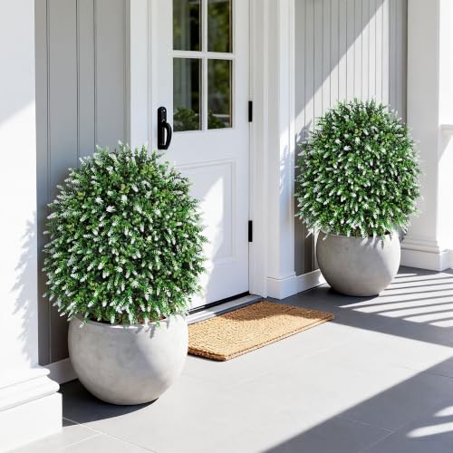 HyeFlora 26'' Artificial Boxwood Topiary Trees with Lavender 2 Pack Fake Plants for Outdoor Indoor Artificial Shrubs with Metal Ground Spike UV Resistant Fake Bushes for Front Porch Garden, White - color: Tree Shaped-white