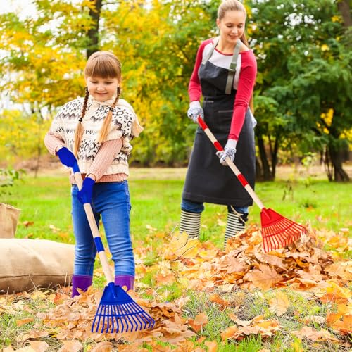 2 Pcs 35'' Kids Rakes for Leaves - Plastic Rake Head with 2 Pairs Kids - color: Red & Blue-2 Pack