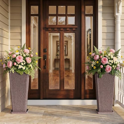 Square Tall Planters for Outdoor Plants with Tray - 24" Brown 2Pack - color: Reddish Brown-sandblasting