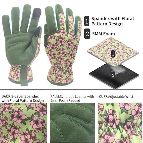 Cute Pattern Gardening Gloves,Thornproof Garden Glove,Gardener Gift - color: 1 Pair Per Pack-green+pink, size: Medium