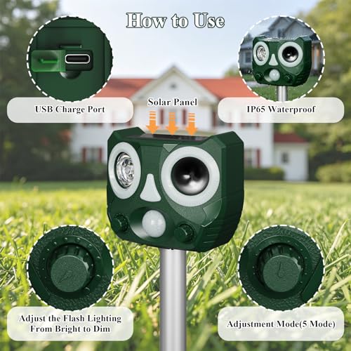 Upgraded Outdoor Ultrasonic Solar Animal Repellent with Flash Light,Sound