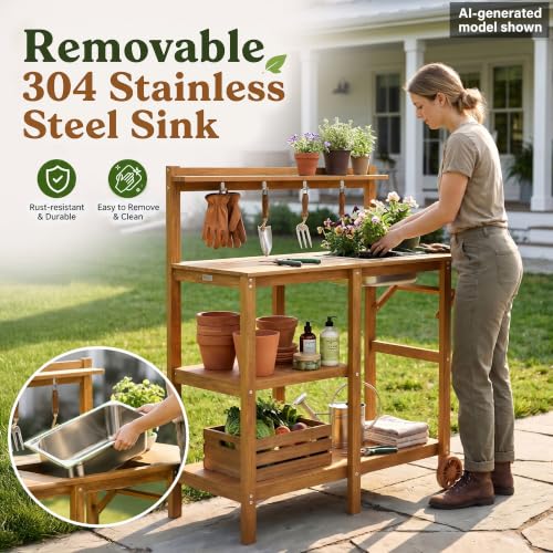 YEFU Potting Bench with Sink, All-Weather Resistant,Teak - color: Teak, size: Premium