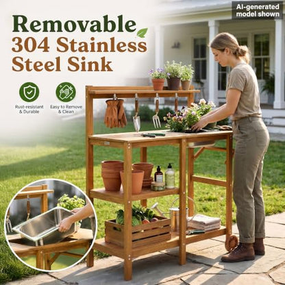 YEFU Potting Bench with Sink, All-Weather Resistant,Teak - color: Teak, size: Premium