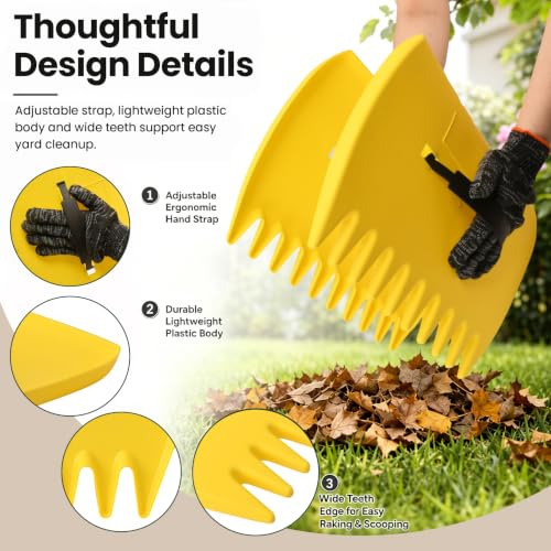 Leaf Scoops and Claws with Gardening Gloves, Large Lightweight Plastic Hand Rakes Yard Grabber for Lawn Clippings, Grass & Trash Pick Up, Ergonomic Adjustable Handles(Yellow) - color: Yellow