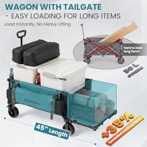 FUNDANGO Extra Long Collapsible Wagon with Tailgate and All-Terrain Wheels - color: Teal