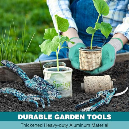 WORKPRO 5PCS Garden Tool Set, Aluminum Heavy Duty Gardening Tool Set - style: Blue flower with bag