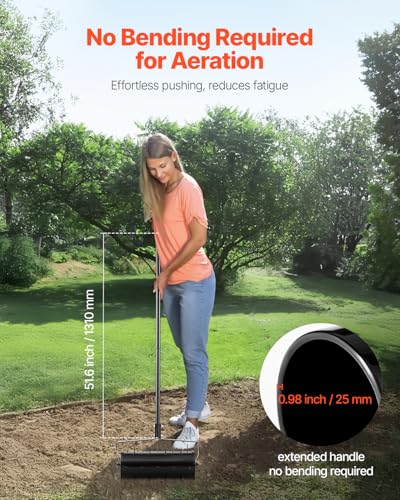 VEVOR Rolling Lawn Aerator, 18-inch Heavy-Duty Manual Rolling Aerator Lawn with Detachable Handle and 27 Iron Spikes, Rolling Lawn Aeration Tool for Garden Patio Yard Compacted Soils and Lawns, Black - size: 18-inch, style: Rolling