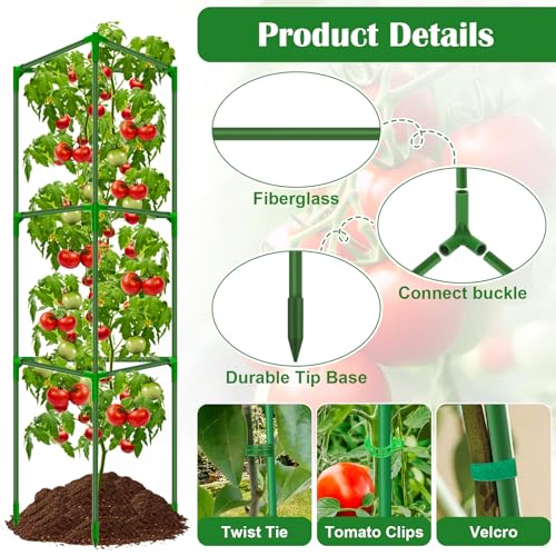 3 Packs Fiberglass Tomato Cages for Garden, 56 Inch Tall Tomato Plant Support, Adjustable Tomatoes Stakes Plant Climbing Trellis for Garden Vegetables Fruits, Tomatoes Support Cages with Clips - size: 3 Packs 56 Inches