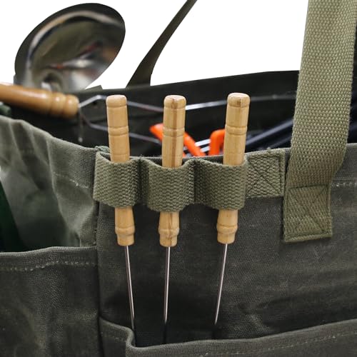 Portable Garden Camping Tool Storage Bag,Waxed Canvas Firewood Carrier Tote bag,Collapsible Sturdy Garden Basket Great for Women, Gardener, Electrician, Repairer(Army Green) - color: Army Green
