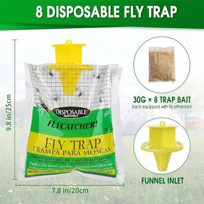 Fly Traps Outdoor Hanging, Natural Pre-Baited Bug Catcher Bags, Non-Toxic Flying Insect Killer for Outside Home, Patio, Trash Can, Horse Stables, Farm, Pastures, Backyard & Camping,4 Pack