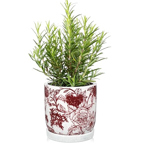 Ceramic Chinoiserie Planter, Ceramic Flower Pot with Drainage for Indoor & Outdoor, Chinese-Inspired Ceramic Planter Pot for Succulents, Herbs, Orchids, Garden, Tabletop, Shelf Decor, Red & White - color: # Red and White