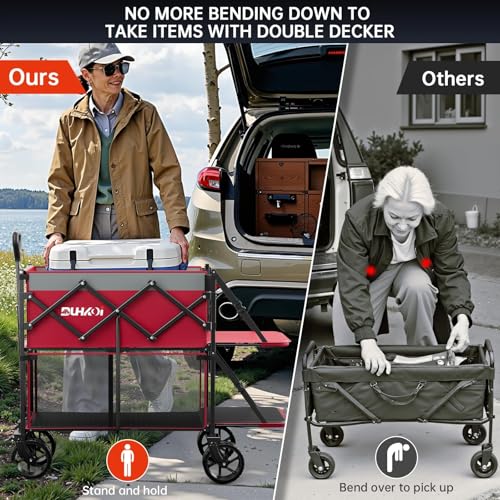 Double Decker Collapsible Wagon with Brakes,Compact with Tailgate - color: Rose Pink