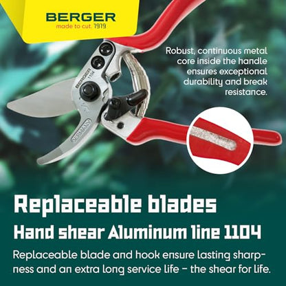 BERGER Pruning Shears for Small Hands – Professional Compact Garden Pruners with 15° Angled Cutting Head, Forged Aluminum Handles, Replaceable Blade & Counter-Blade – 1104 - size: 18.5x6x2.5 cm