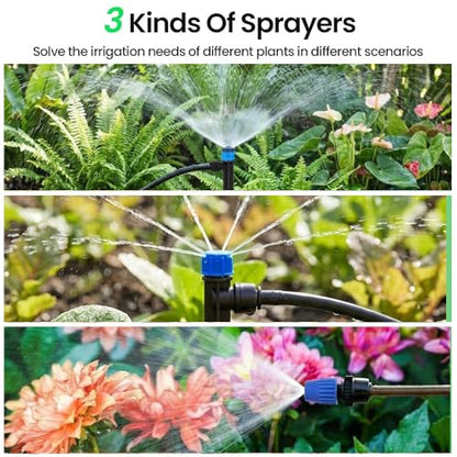 230FT Quick-Connect Drip Irrigation System Kit, Automatic Garden Watering System with 1/4" & 1/2" Tubing - Adjustable Nozzles & Sprinklers for Garden, Greenhouse, Lawn, Potted Plants - size: 33FT Main tube+197FT 1/4'' tube