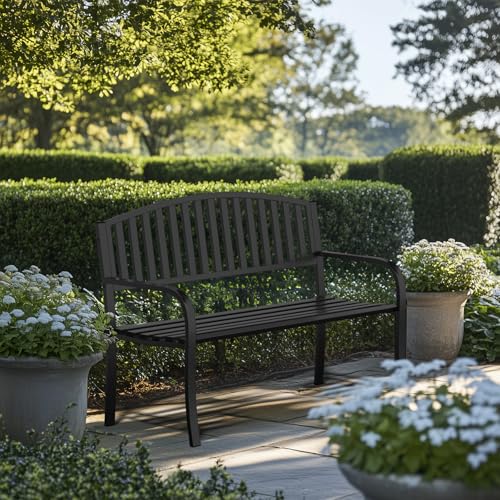 50" Outdoor Bench, Heavy-Duty Metal Frame Graden Bench, Weatherproof Patio Park Bench for Front Porch, Park, Yard, Patio - size: Rectangle