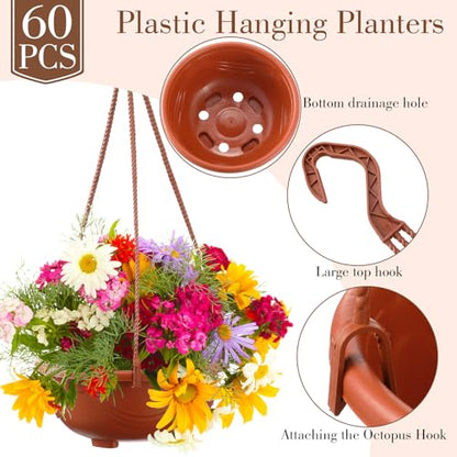 Maxcheck 60 Pcs Plastic Hanging Planter Flower Plant Pots with Hook Hanging Pot for Plants Basket Planter Holder Containers with Drainage Hole for Indoor Outdoor Garden Balcony Wall Decor, Brown
