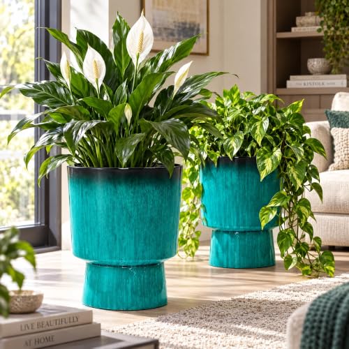 Autodaya 16.8" Faux Ceramic Planters for Outdoor Indoor Plants, Flower pots - color: 16.8"-teal Glazed & Black Rim