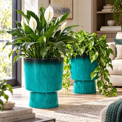 Autodaya 16.8" Faux Ceramic Planters for Outdoor Indoor Plants, Flower pots - color: 16.8"-teal Glazed & Black Rim