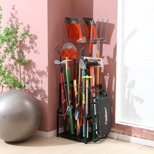 YueTong Garden Tool Organizer Heavy Duty,Yard Tool Tower Rack,Garage Storage Organization for Long Handle Tools,Rake,Brooms,Extra Hooks for Small Shovel,Shear.All Metal,Free Standing. - style: Classic