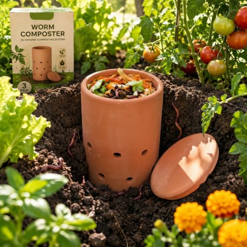 3 Pcs 10" Terracotta Inground Worm Composter Bulk Outdoor Garden