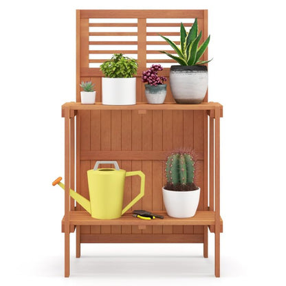25x13.5x44in Foldable Potting Bench 2-Tier Shelves Teak Oil Wood for Garden Balcony Yard
