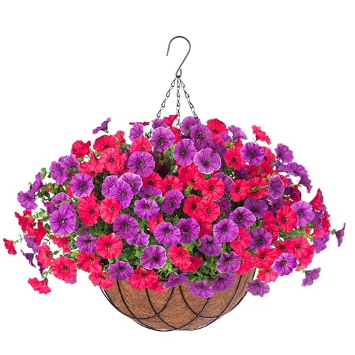 Artificial Fake Hanging Flowers with Basket for Outdoor Decor 12 Pcs UV Resistant Faux Silk Morning Glory Flowers Plants for Outdoor Outside Planters Home Porch Patio Balcony Spring Summer Décor - color: Rose Red&violet